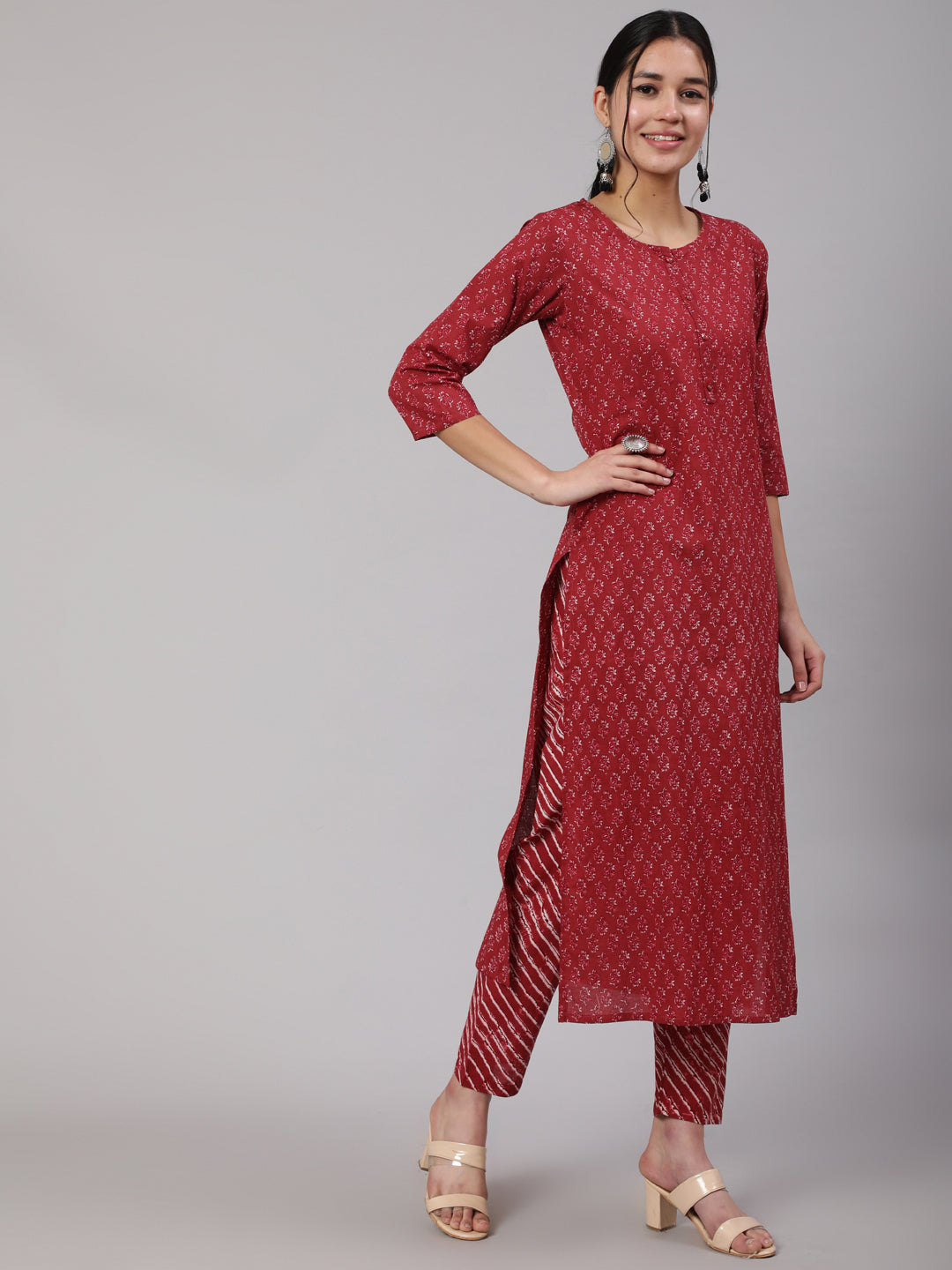 Women's Burgundy Ethnic Printed Straight Kurta With Trouser