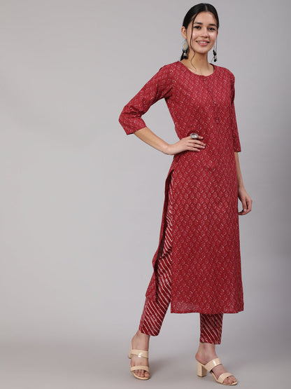Women's Burgundy Ethnic Printed Straight Kurta With Trouser