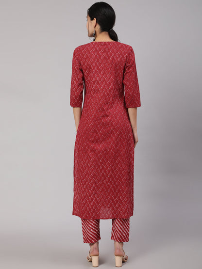Women's Burgundy Ethnic Printed Straight Kurta With Trouser