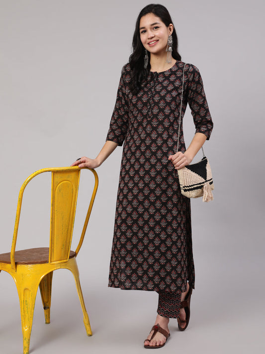 Women's Black Ethnic Printed Straight Kurta With Trouser
