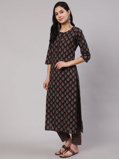 Women's Black Ethnic Printed Straight Kurta With Trouser