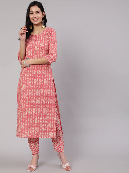 Women's Pink Ethnic Printed Straight Kurta With Trouser
