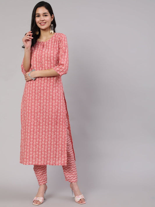 Women's Pink Ethnic Printed Straight Kurta With Trouser