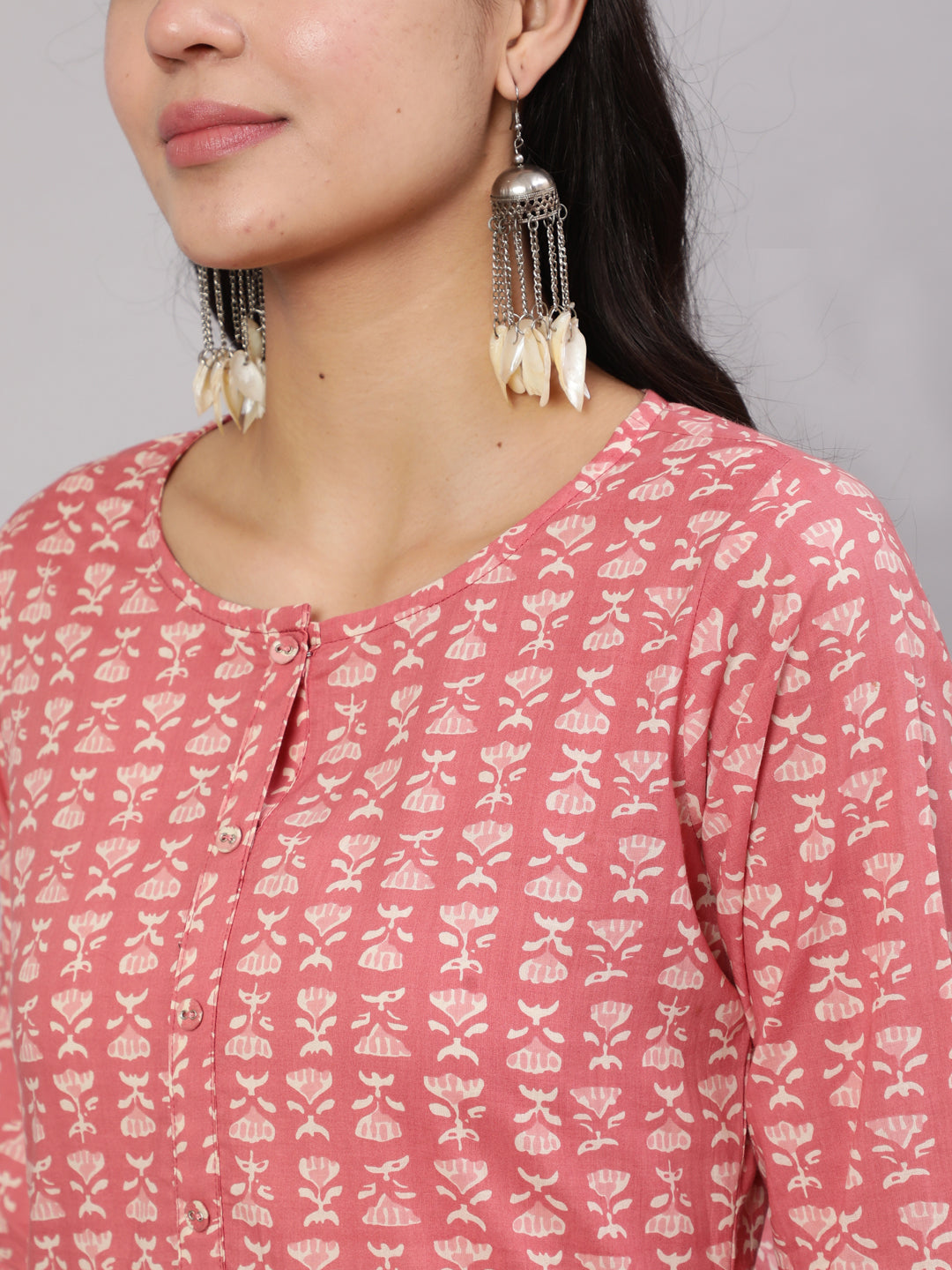 Women's Pink Ethnic Printed Straight Kurta With Trouser