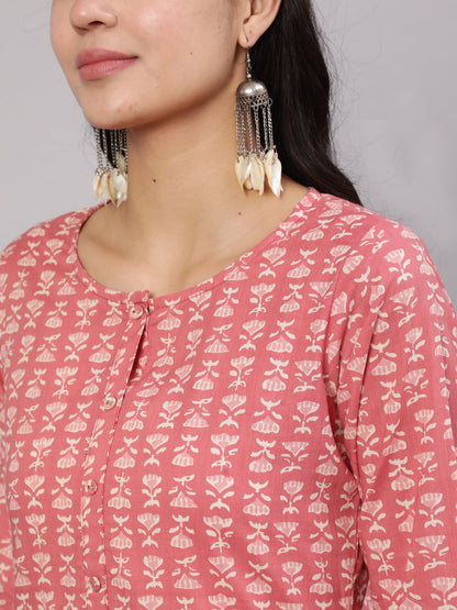 Women's Pink Ethnic Printed Straight Kurta With Trouser