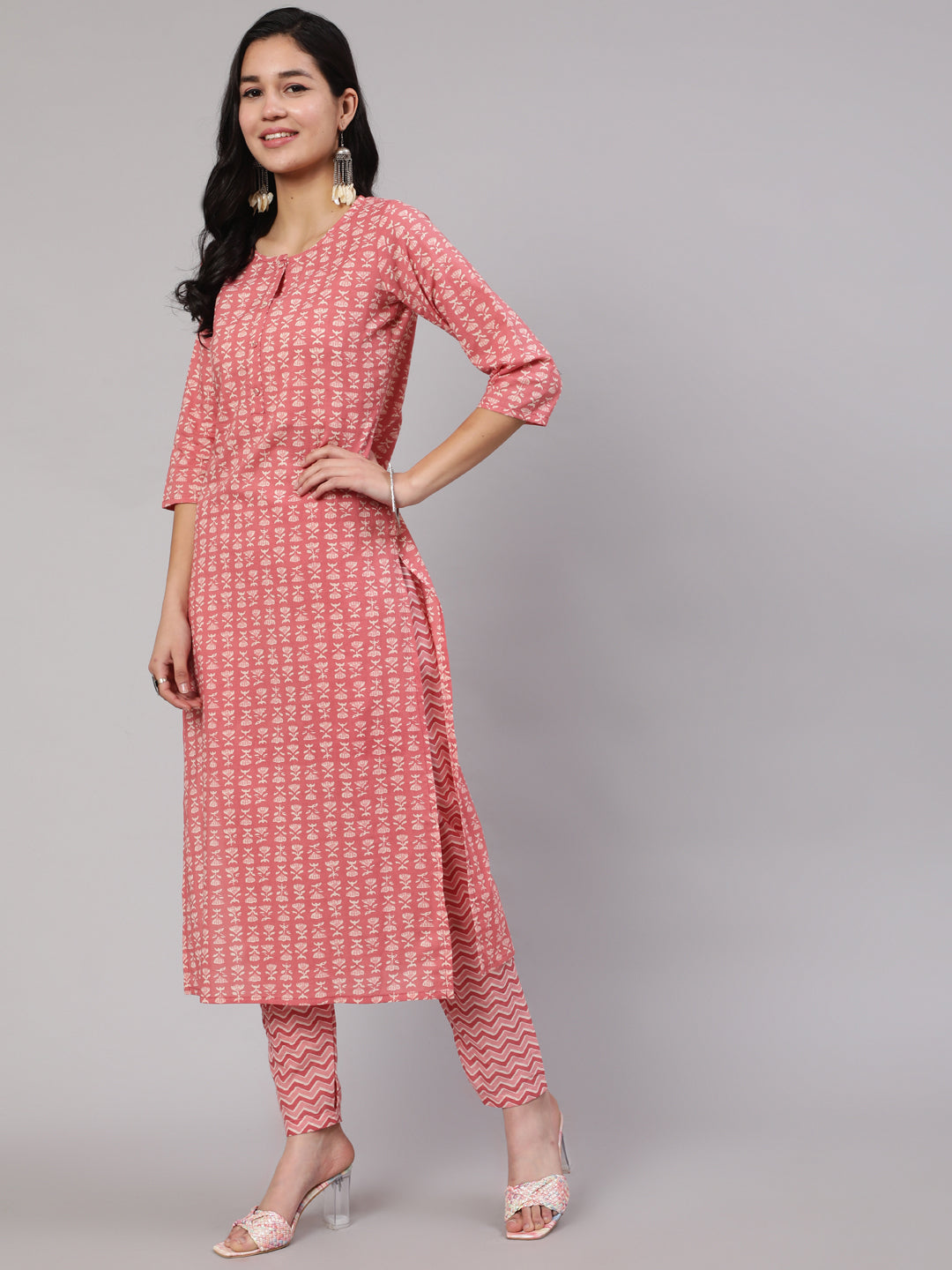 Women's Pink Ethnic Printed Straight Kurta With Trouser