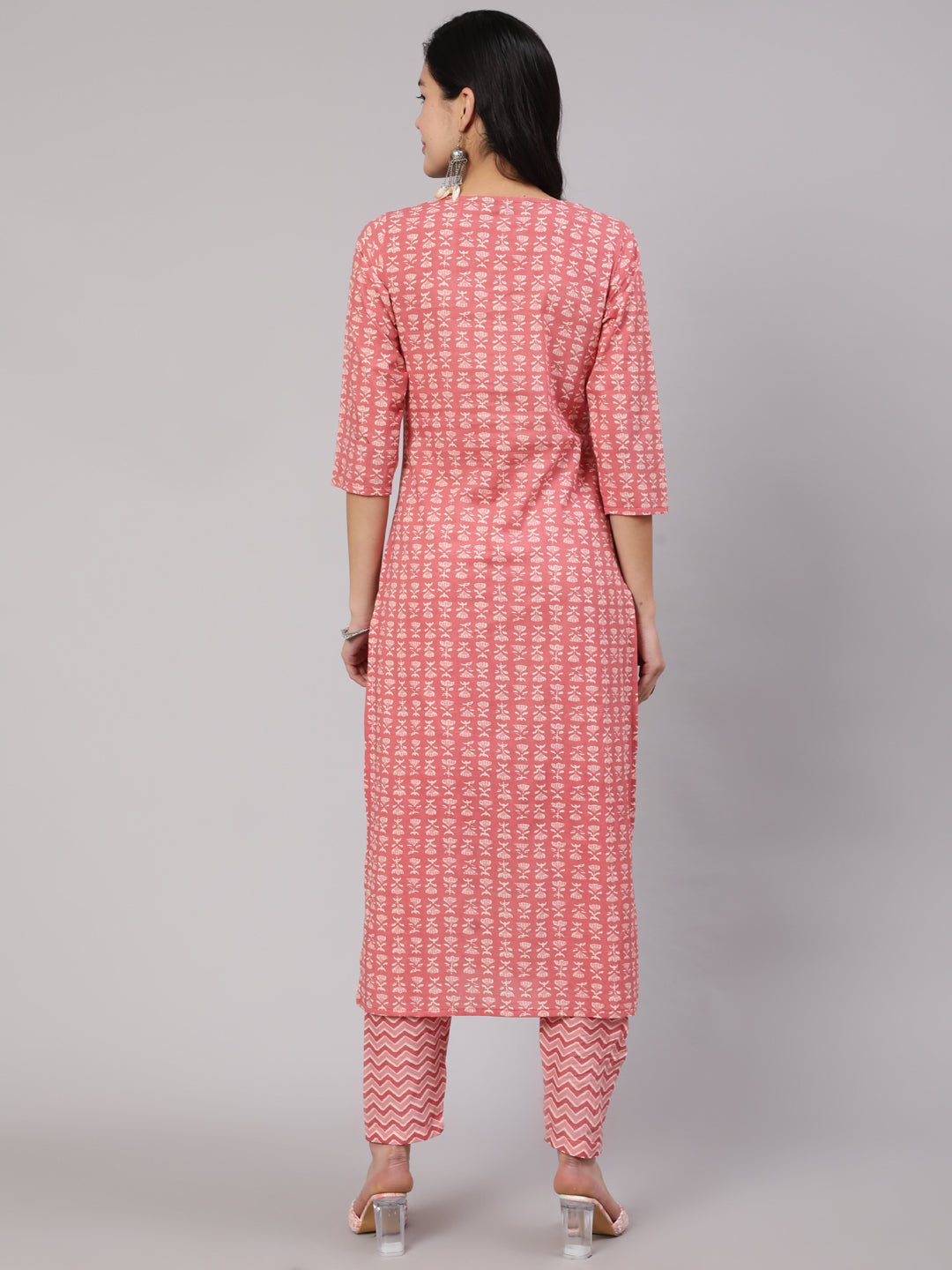 Women's Pink Ethnic Printed Straight Kurta With Trouser