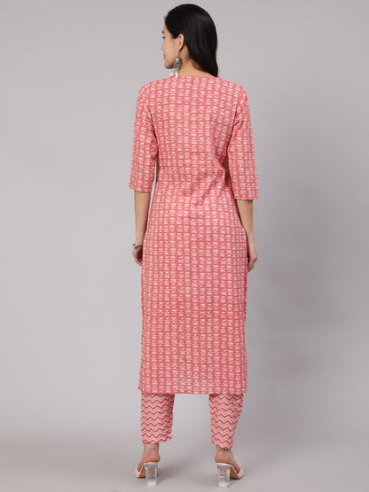 Women's Pink Ethnic Printed Straight Kurta With Trouser