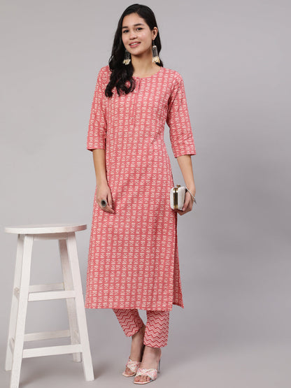 Women's Pink Ethnic Printed Straight Kurta With Trouser
