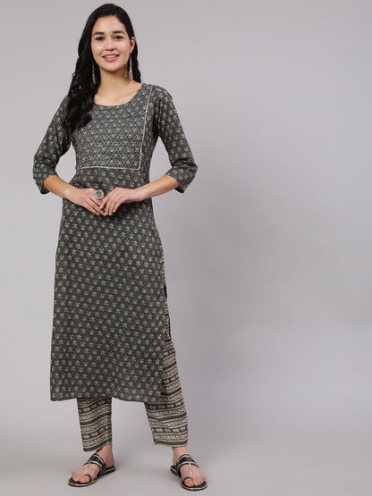Women's Grey Printed Straight Kurta With Trouser