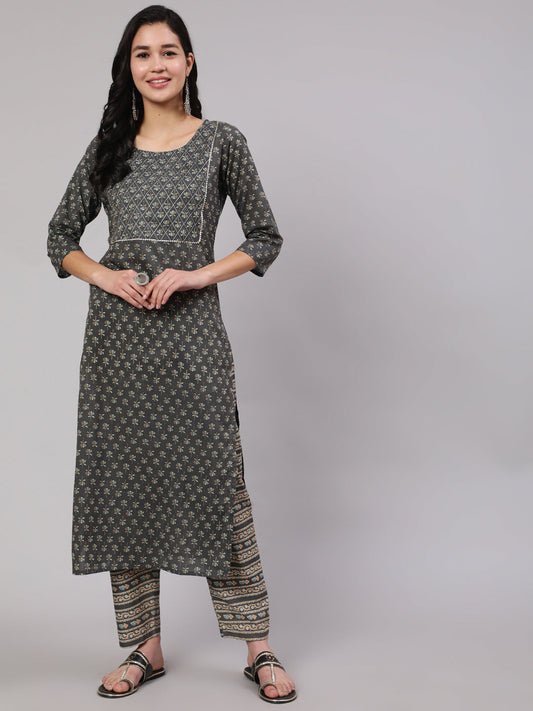 Women's Grey Printed Straight Kurta With Trouser