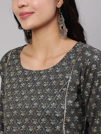 Women's Grey Printed Straight Kurta With Trouser
