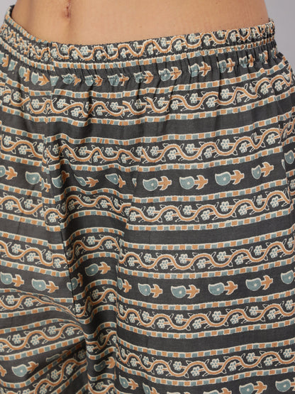 Women's Grey Printed Straight Kurta With Trouser