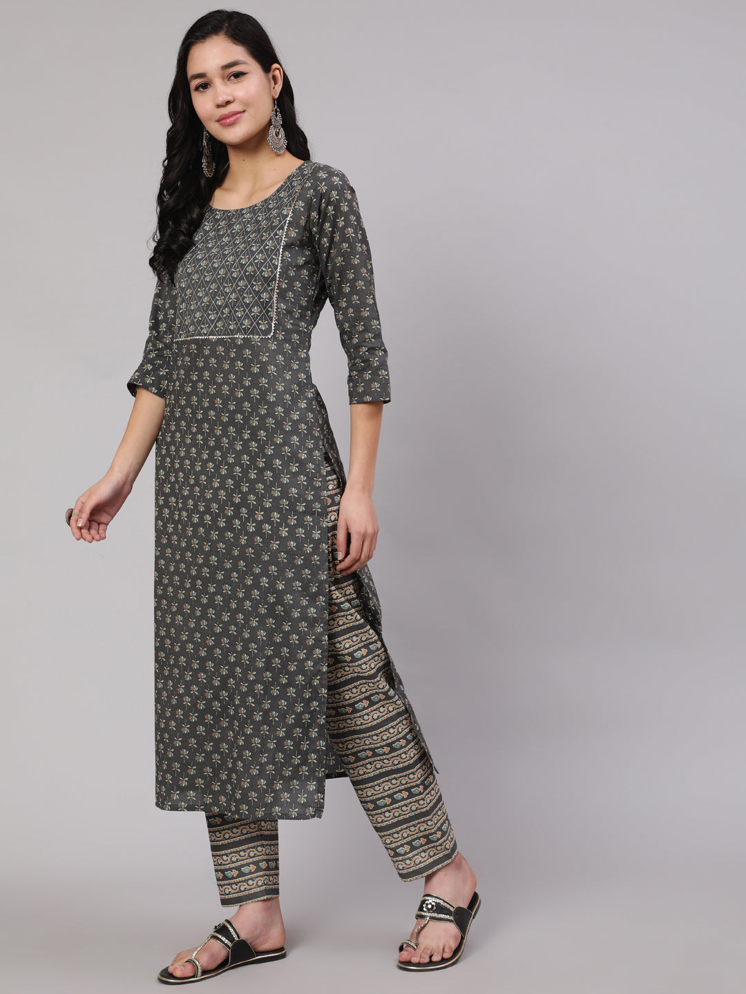 Women's Grey Printed Straight Kurta With Trouser