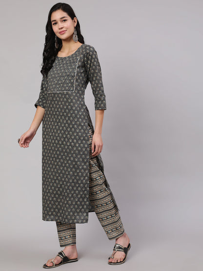 Women's Grey Printed Straight Kurta With Trouser