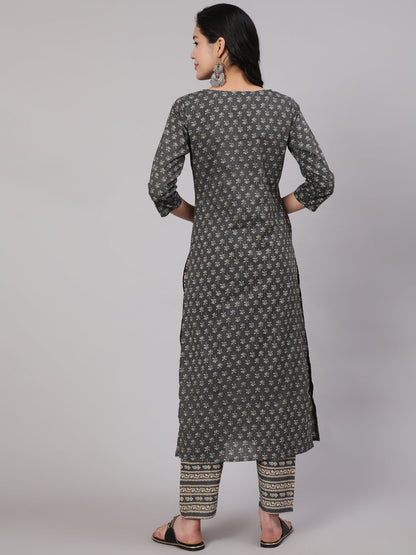Women's Grey Printed Straight Kurta With Trouser