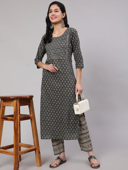 Women's Grey Printed Straight Kurta With Trouser
