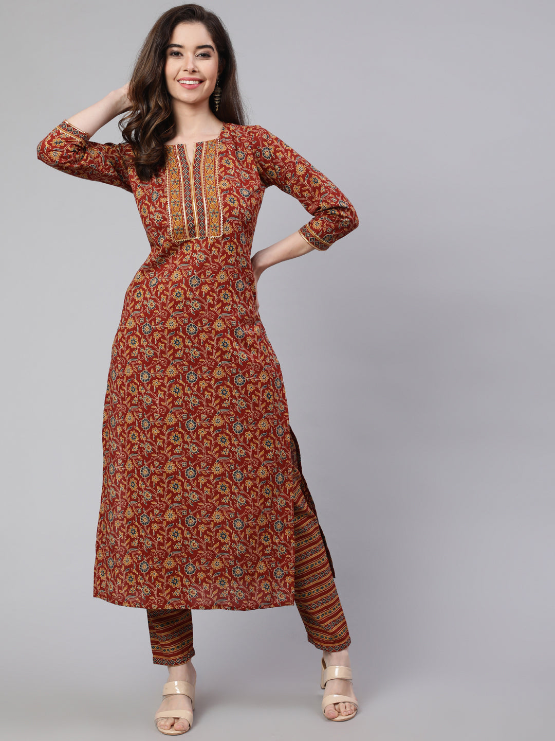 Women's Maroon Ethnic Printed Straight Kurta With Trouser