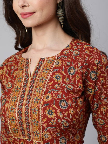 Women's Maroon Ethnic Printed Straight Kurta With Trouser