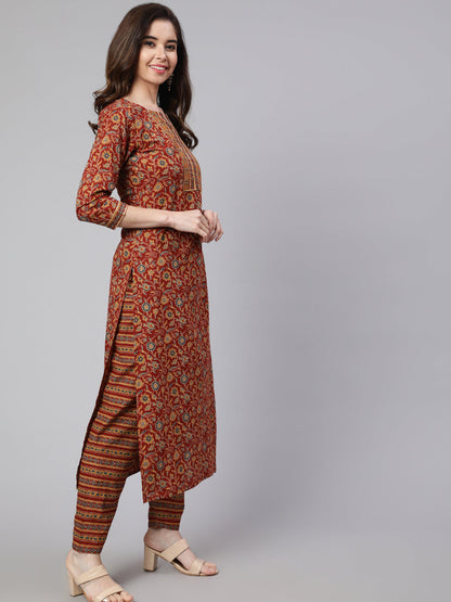 Women's Maroon Ethnic Printed Straight Kurta With Trouser