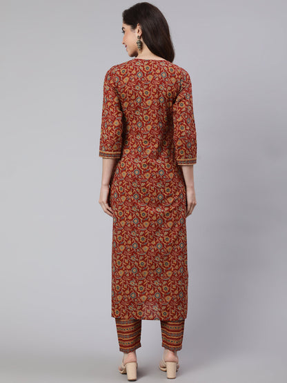 Women's Maroon Ethnic Printed Straight Kurta With Trouser