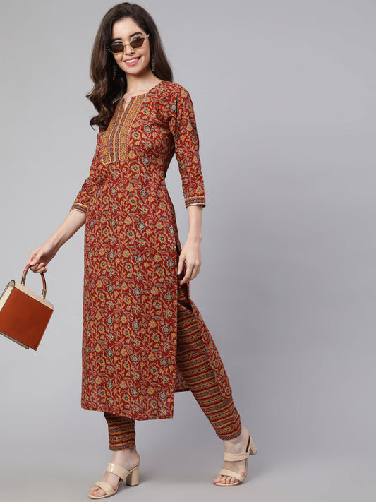 Women's Maroon Ethnic Printed Straight Kurta With Trouser