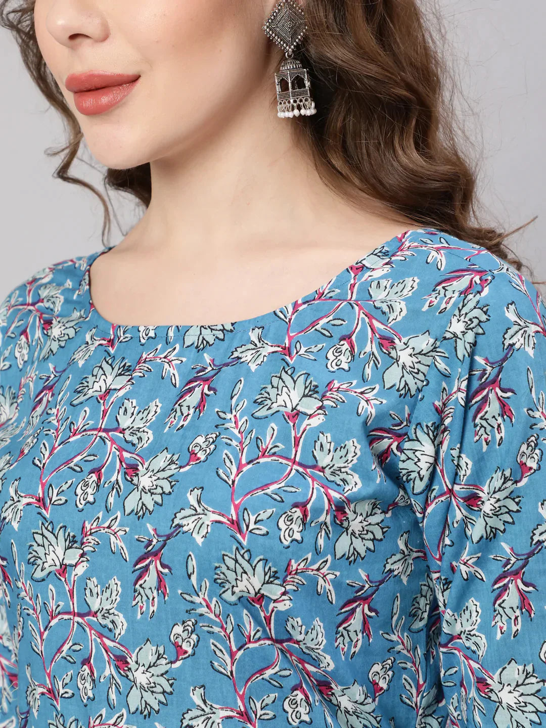 Women's Blue Printed Anarkali Kurta With Trouser And Dupatta