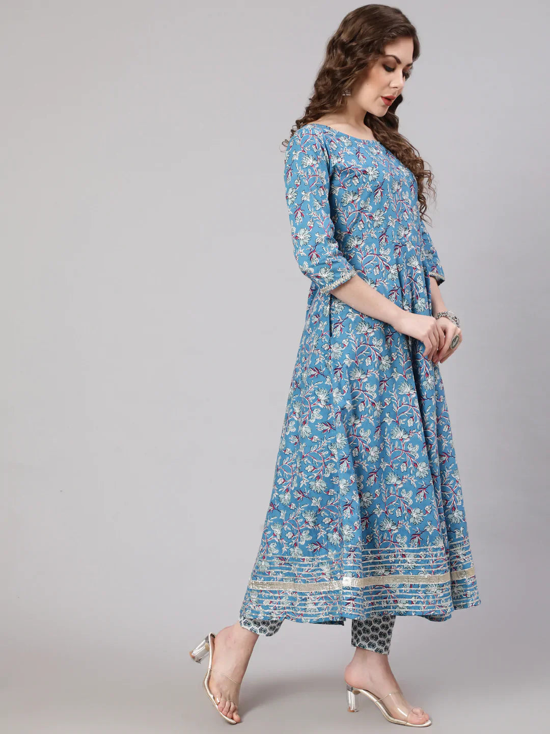 Women's Blue Printed Anarkali Kurta With Trouser And Dupatta