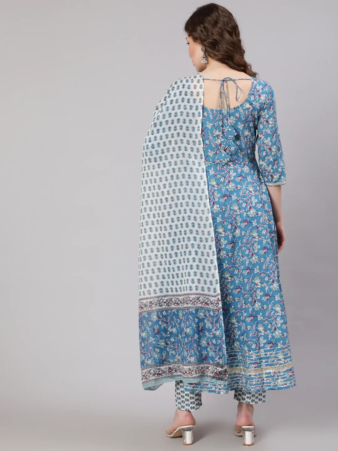 Women's Blue Printed Anarkali Kurta With Trouser And Dupatta