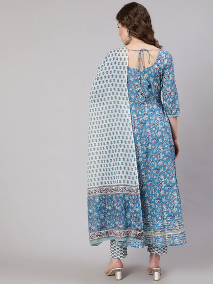 Women's Blue Printed Anarkali Kurta With Trouser And Dupatta
