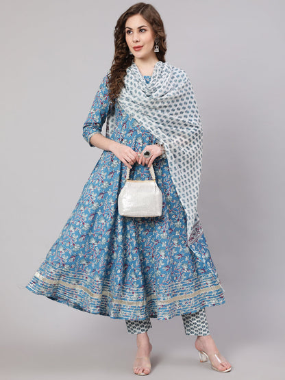 Women's Blue Printed Anarkali Kurta With Trouser And Dupatta