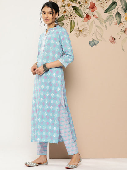 Women's Sky Blue Printed Straight Kurta With Trouser