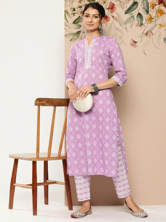 Women's Lavender Printed Straight Kurta With Trouser