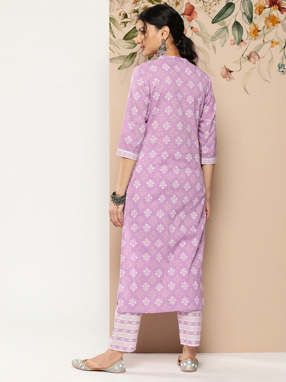 Women's Lavender Printed Straight Kurta With Trouser