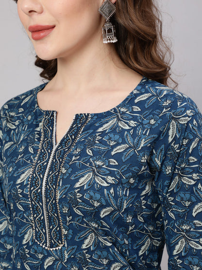 Women's Blue Printed Straight Kurta With Trouser
