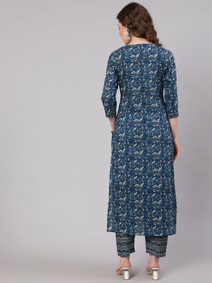 Women's Blue Printed Straight Kurta With Trouser