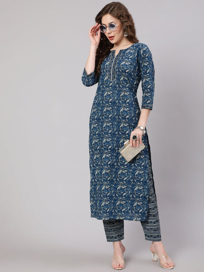 Women's Blue Printed Straight Kurta With Trouser