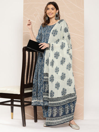 Women's Blue Printed Flared Kurta And Trouser With Dupatta