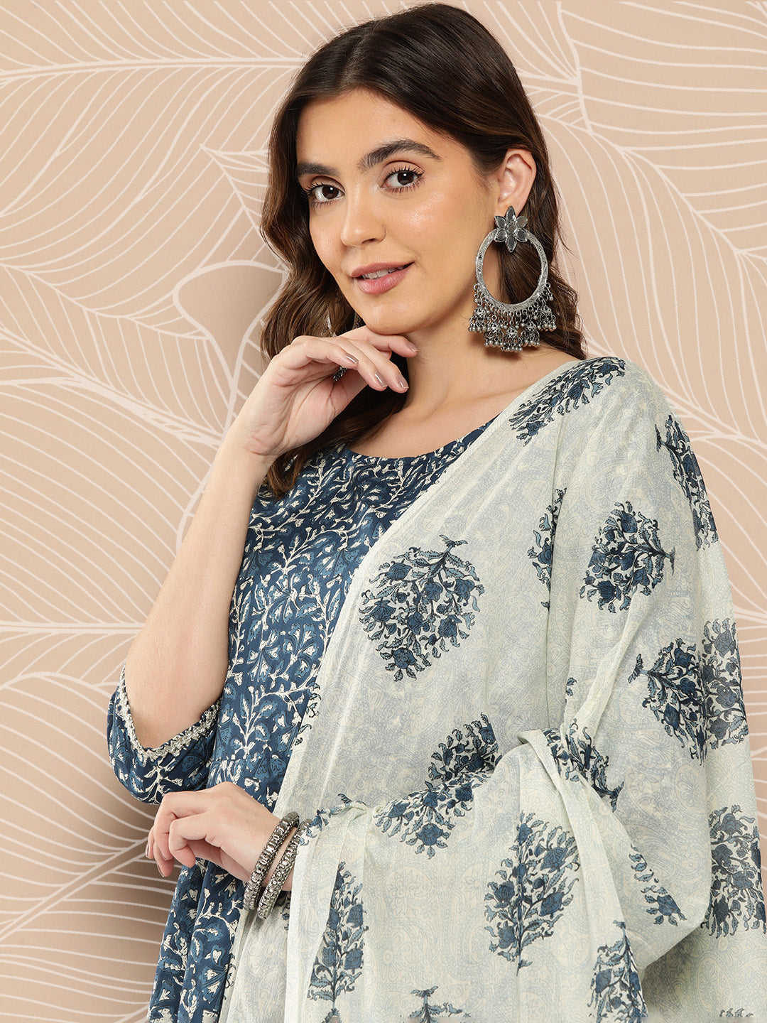 Women's Blue Printed Flared Kurta And Trouser With Dupatta
