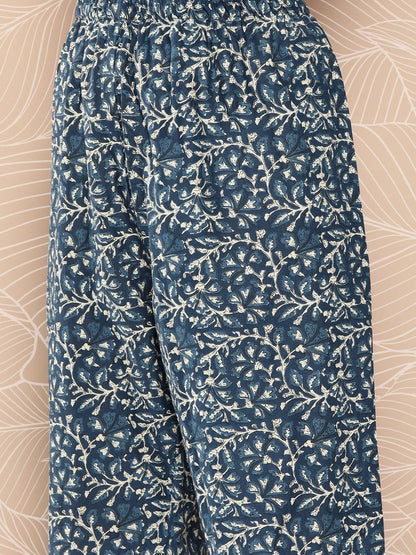 Women's Blue Printed Flared Kurta And Trouser With Dupatta