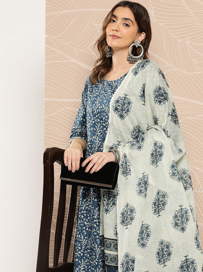Women's Blue Printed Flared Kurta And Trouser With Dupatta