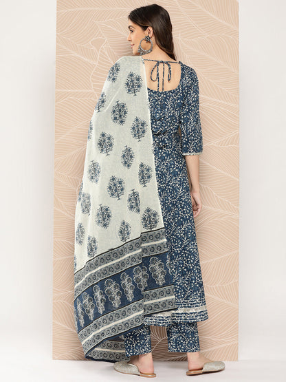 Women's Blue Printed Flared Kurta And Trouser With Dupatta