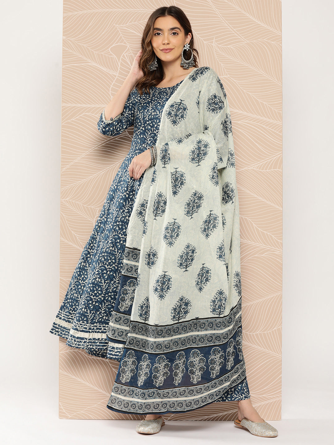 Women's Blue Printed Flared Kurta And Trouser With Dupatta