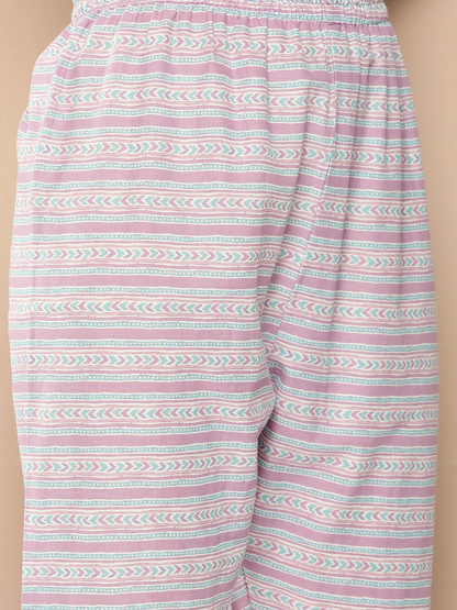 Women's Lavender Printed Straight Kurta With Palazzo & Dupatta