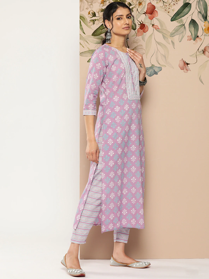 Women's Lavender Printed Straight Kurta With Palazzo & Dupatta