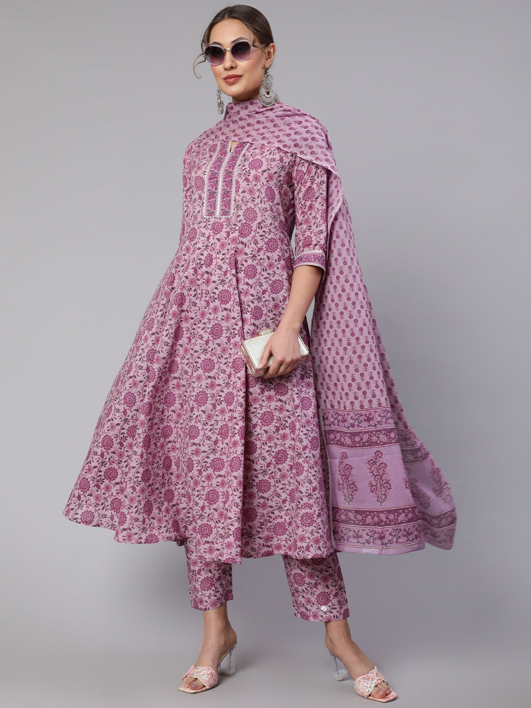 Women's Lavender Floral Printed Kurta With Palazzo And Dupatta
