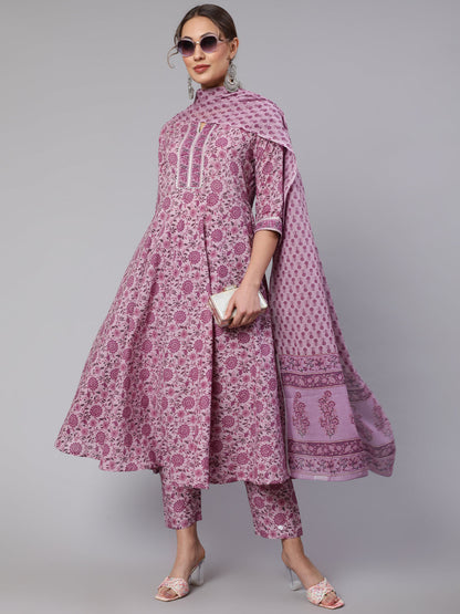 Women's Lavender Floral Printed Kurta With Palazzo And Dupatta