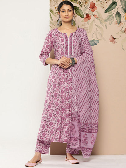 Women's Lavender Floral Printed Kurta With Palazzo And Dupatta