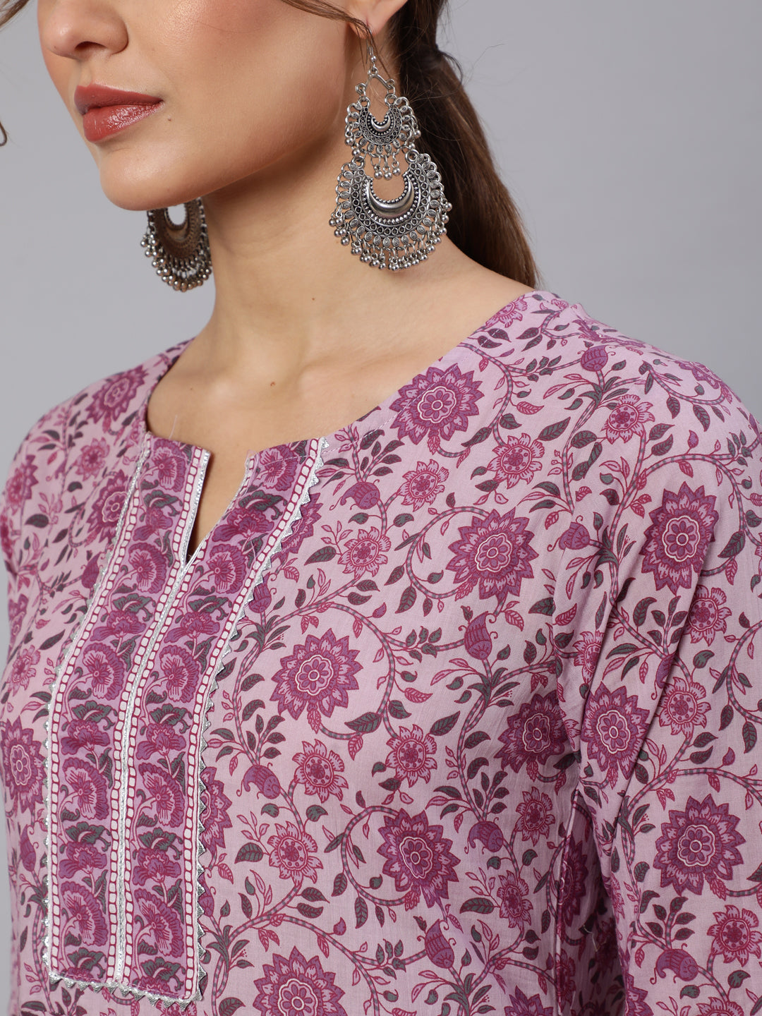 Women's Lavender Floral Printed Kurta With Palazzo And Dupatta