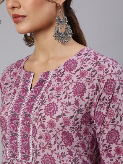 Women's Lavender Floral Printed Kurta With Palazzo And Dupatta